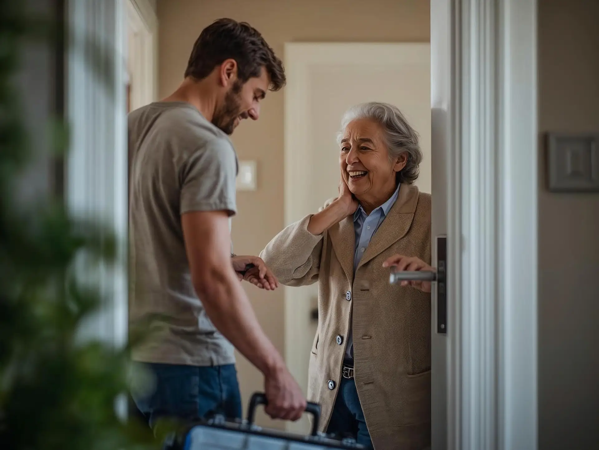 Adult child helping a senior parent with a small home repair at home