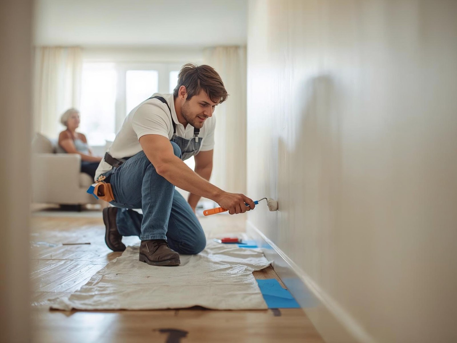 Handyman doing a careful interior touch-up paint job for a senior homeowner