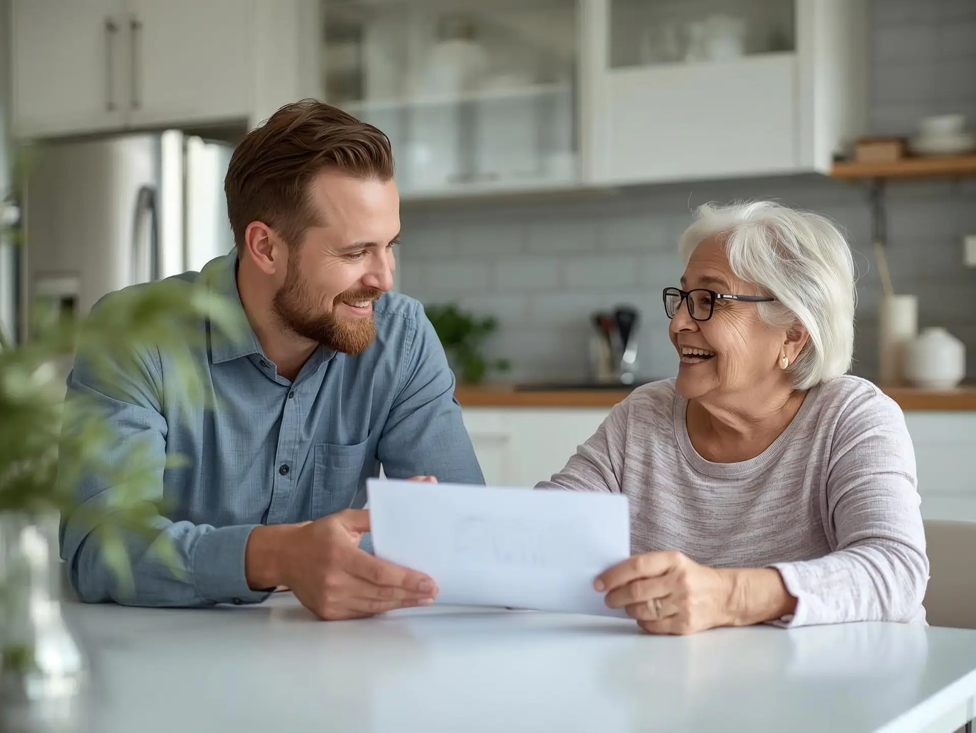 Technician explaining a maintenance plan to a senior homeowner at the kitchen table